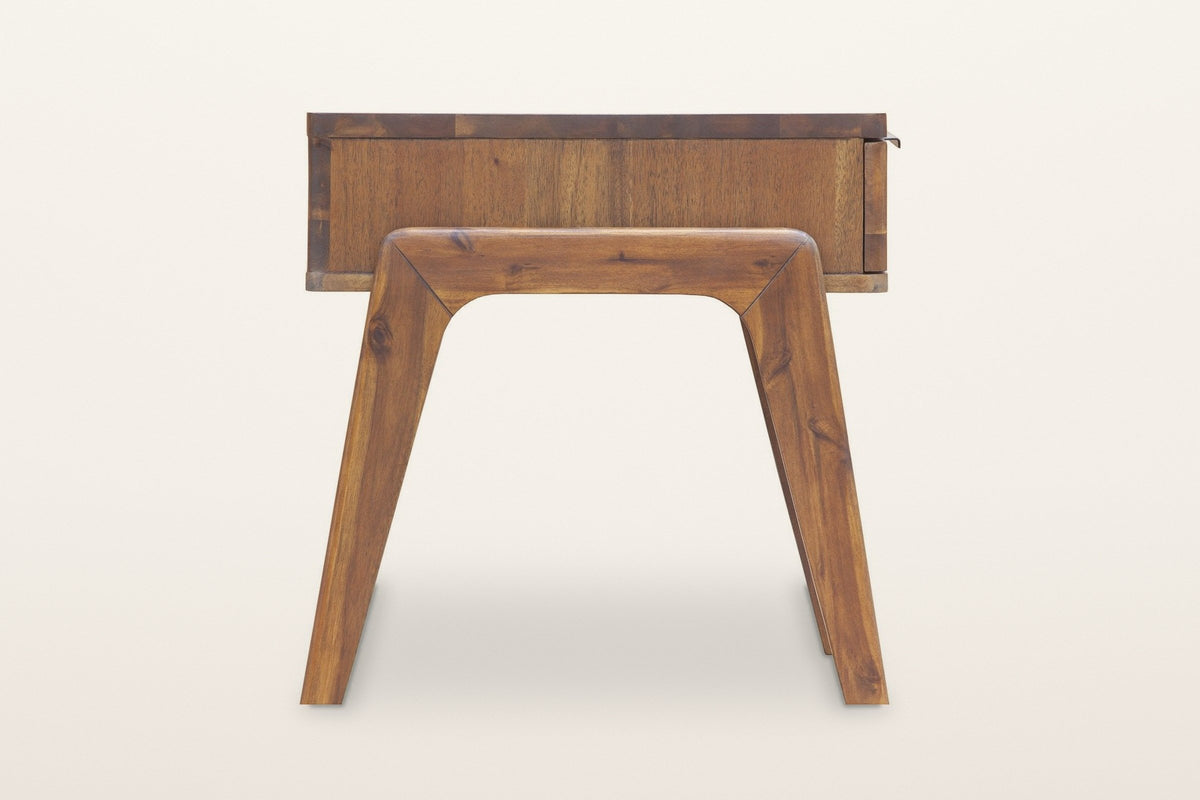 Pescasseroli end table from the side: the bent-wood frame with rounded inside corners standing outside the acacia case, two splayed legs