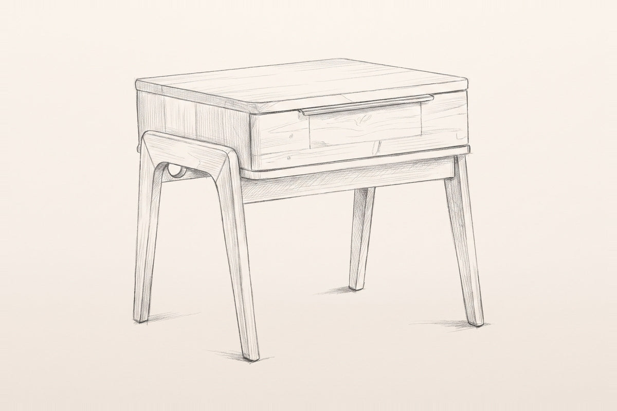 Pencil sketch of the Pescasseroli end table, three-quarter view