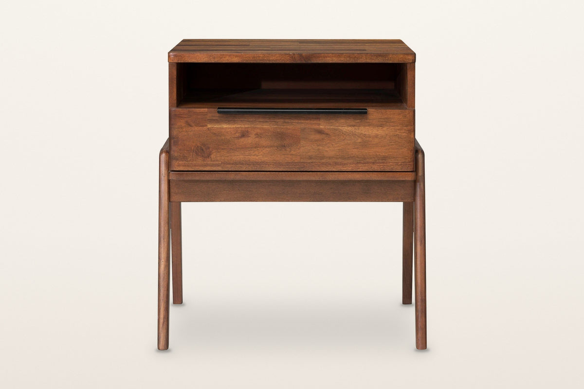 Pescasseroli nightstand in Brown, front view on a warm white studio backdrop: the open niche