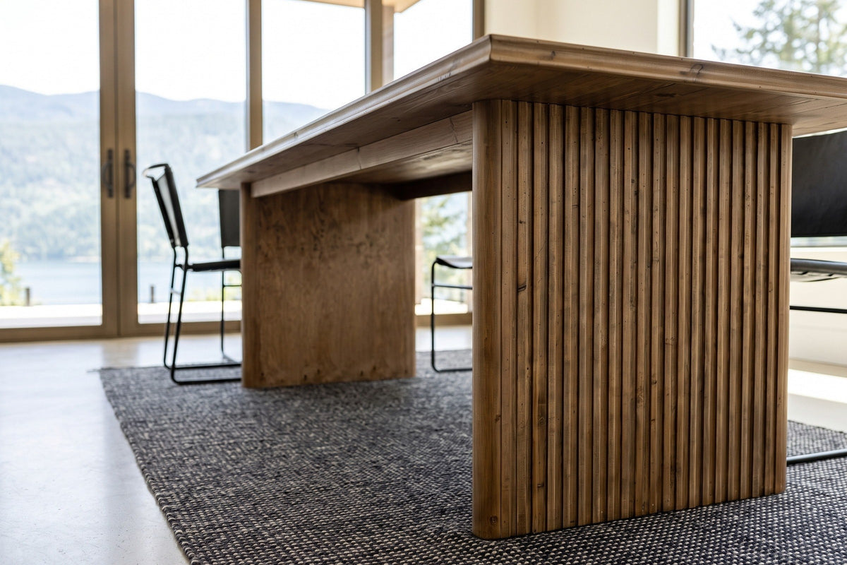 The Pettorano base in Brown at seat height: a reeded slab leg with rounded edges, the plain inner face of the far slab