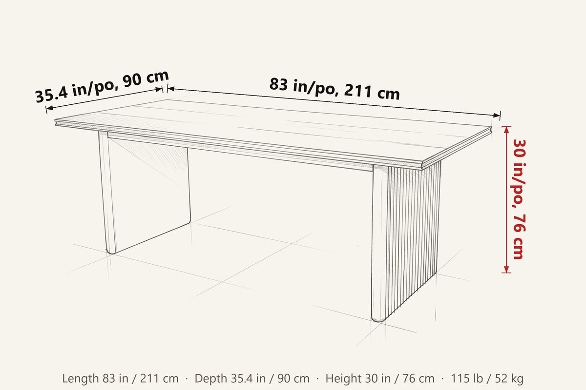 Pettorano dimensions on a pencil sketch of the table: 83 in long, 35.4 in deep, 30 in high