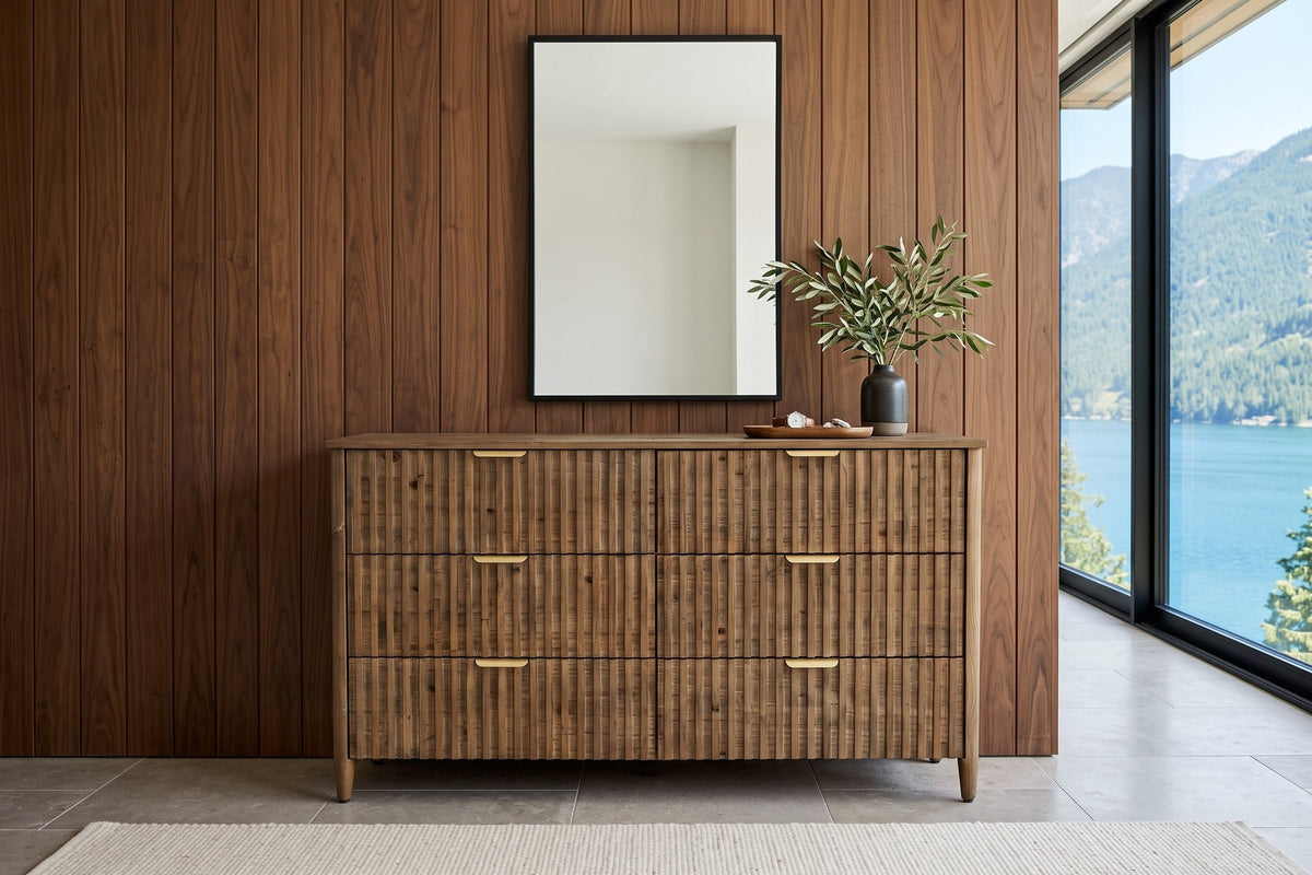 Pettorano dresser in Brown reclaimed pine against walnut panelling in a New Denver house on Slocan Lake
