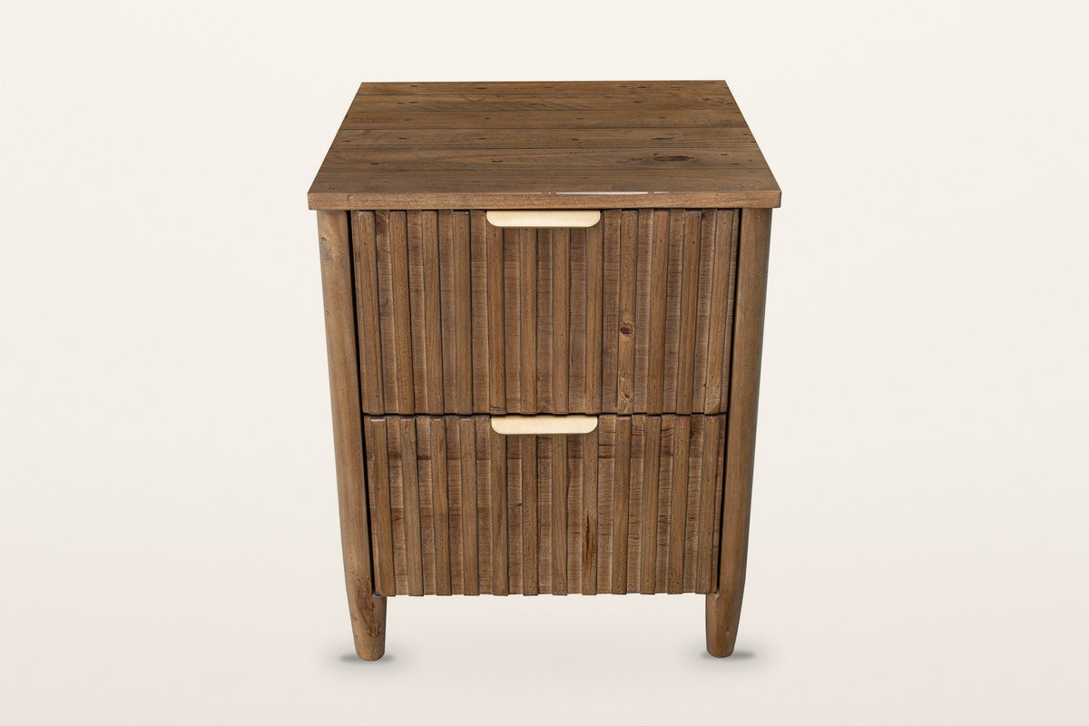 Pettorano nightstand in Brown, front view on a warm white studio backdrop: two equal reeded drawers
