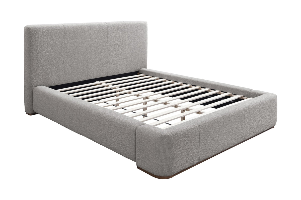 Pierce Queen platform bed in mushroom fabric, three-quarter view showing the wood slats