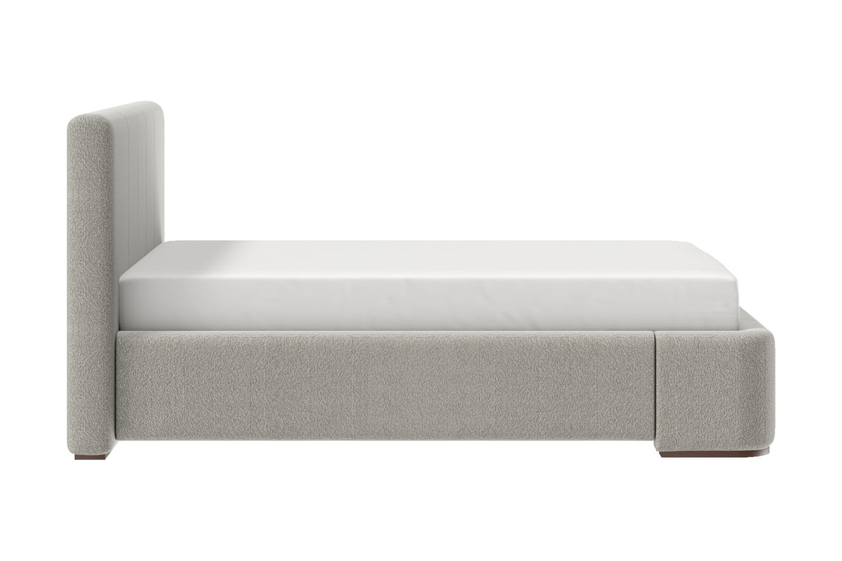 Pierce Queen platform bed in mushroom fabric, side view of headboard and rails
