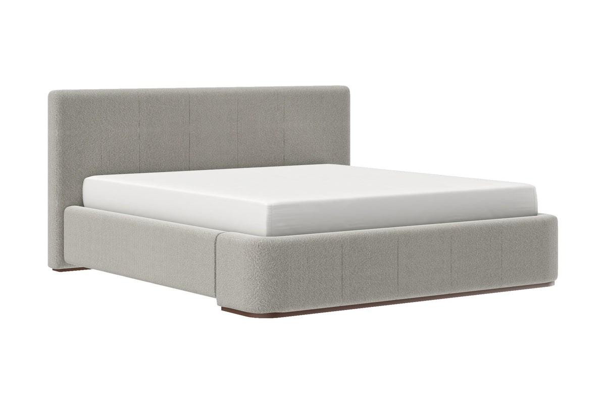 Pierce King platform bed in mushroom fabric, three-quarter view with mattress