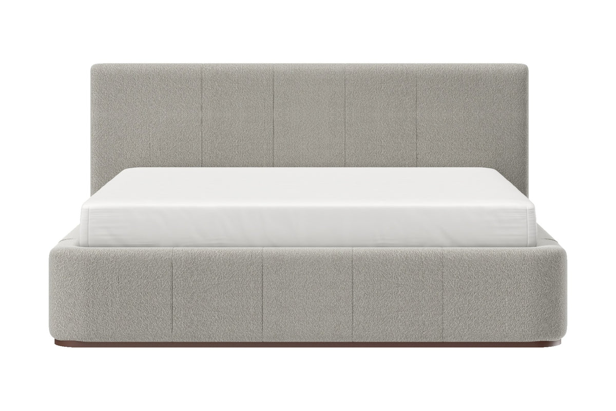 Pierce King platform bed in mushroom fabric, front view with mattress