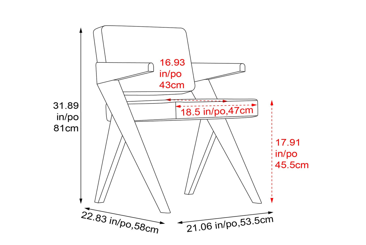 Pierre Jeanneret-style dining chair dimensions: 21.06 in wide, 22.83 in deep, 31.89 in high, seat height 17.91 in, seat width 18.5 in