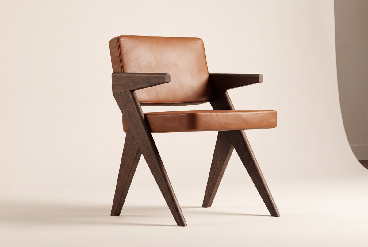 Pierre Jeanneret-style dining chair in dark brown oak and cognac leather on a studio backdrop, front three-quarter view