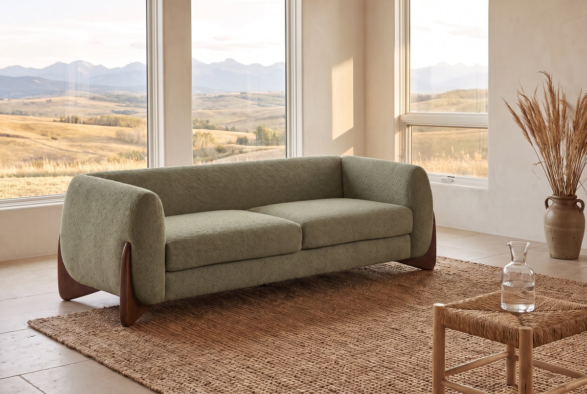 Pistoia sofa in Olive Green boucle in a sunlit room with the Calgary foothills through tall windows and a jute rug