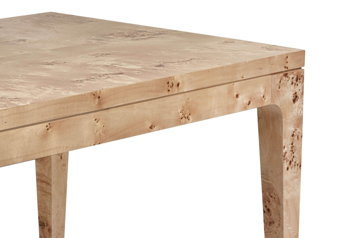 Close-up of a Polcenigo corner in Honey Blonde Burl: the thick square-edged top