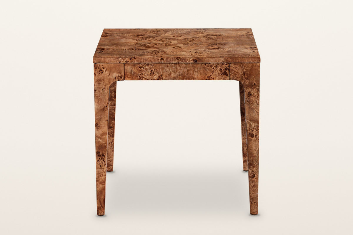 Polcenigo side table in Dark Burl, front view on a warm white studio backdrop