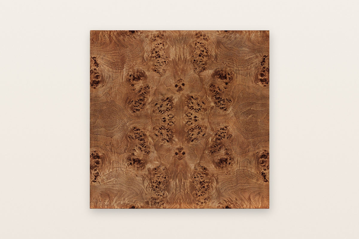 The Polcenigo top seen from above in Dark Burl: burl veneer laid in four matched quarters