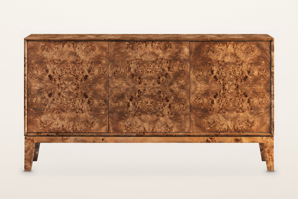 Polcenigo sideboard in Dark Burl, straight front view on a warm white studio backdrop: three equal flush doors in a slim fram