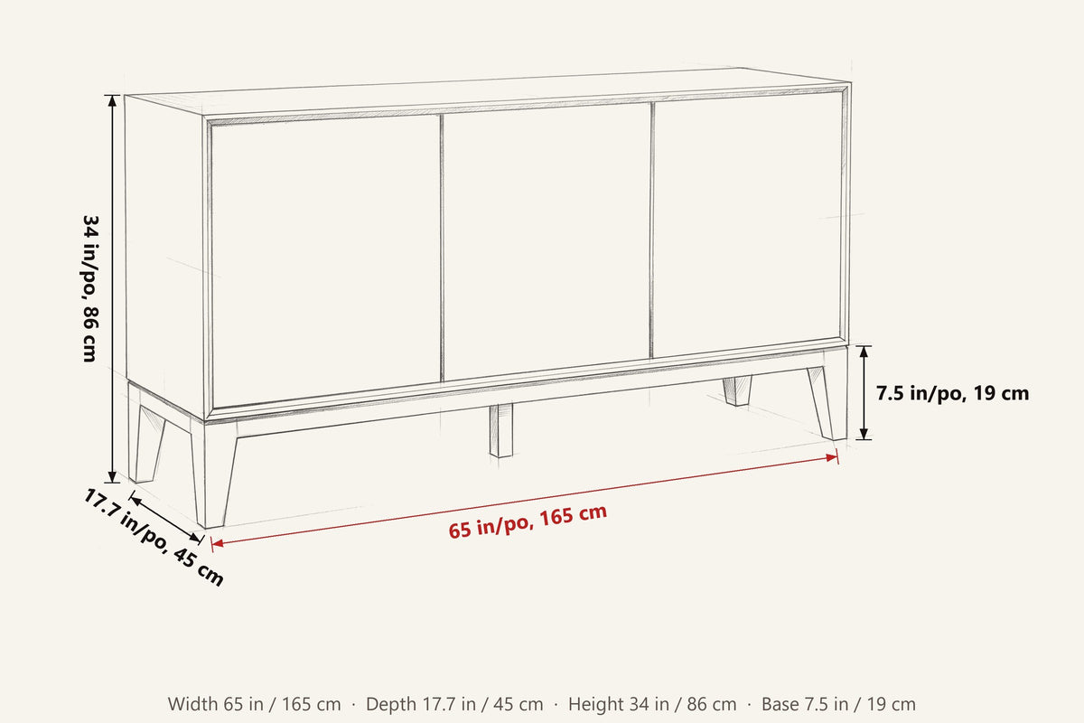 Polcenigo dimensions on a pencil sketch of the sideboard: 65 in wide, 17.7 in deep, 34 in high, 7.5 in for the rail and legs