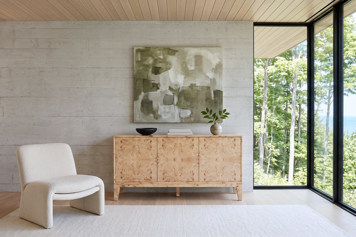 Polcenigo sideboard in Honey Blonde Burl straight on against a board-formed concrete wall in a Blue Mountains house