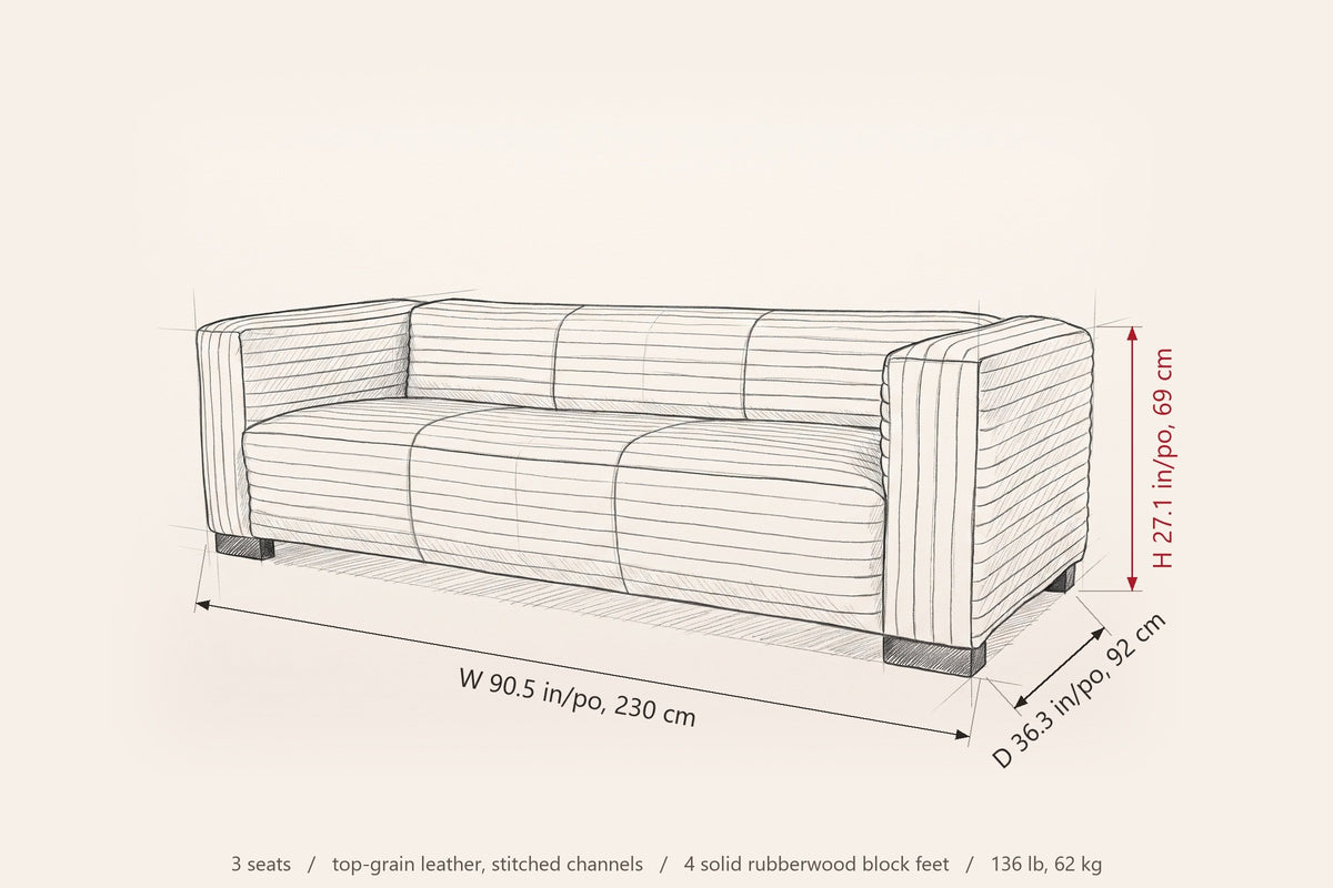 Pontremoli sofa dimensions: 90.5 in wide, 36.3 in deep, 27.1 in high