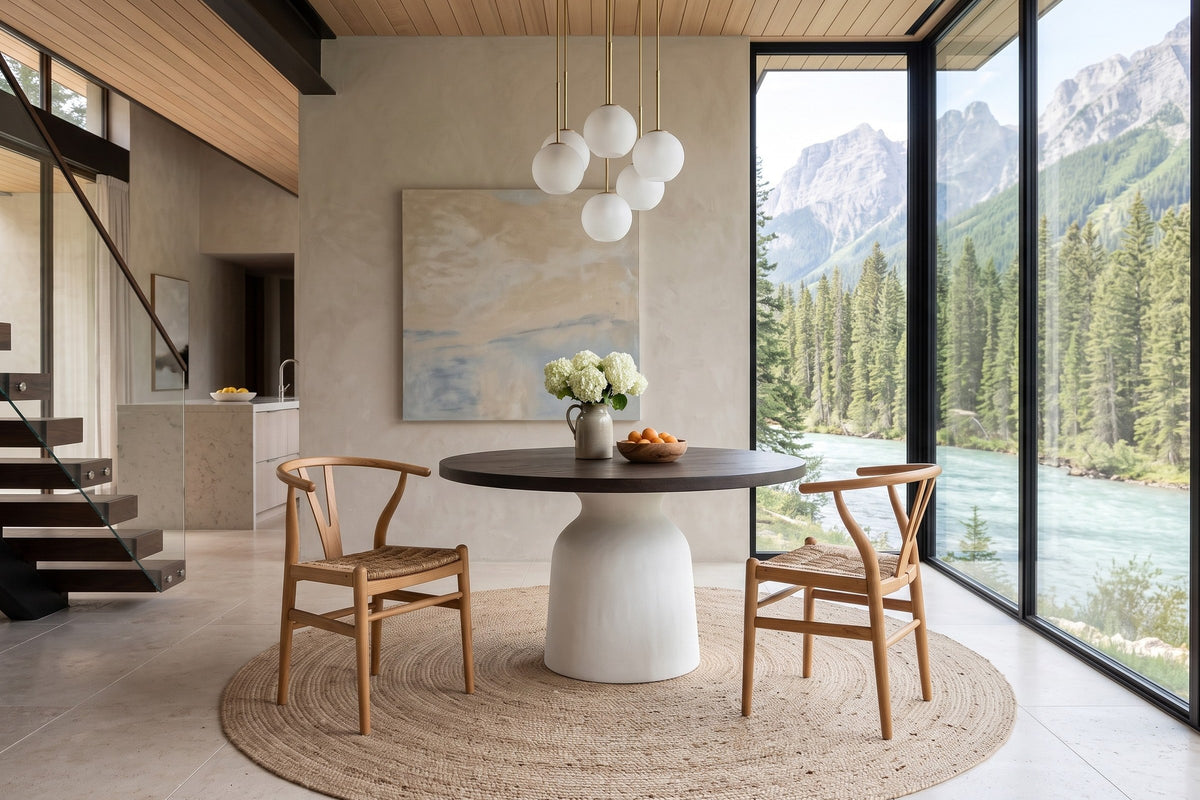Two Poppi dining chairs in Brown at a round smoked-oak table on a white pedestal in a mountain house in Field