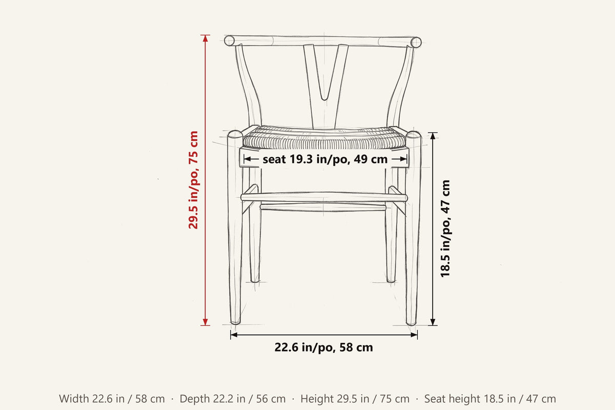Poppi dimensions on a pencil sketch of the chair from the front: 29.5 in high, 22.6 in wide, seat height 18.5
