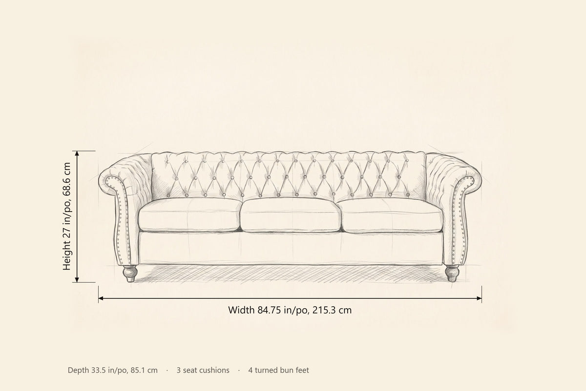 Portovenere sofa dimensions: 84.75 in wide, 27 in high, 33.5 in deep
