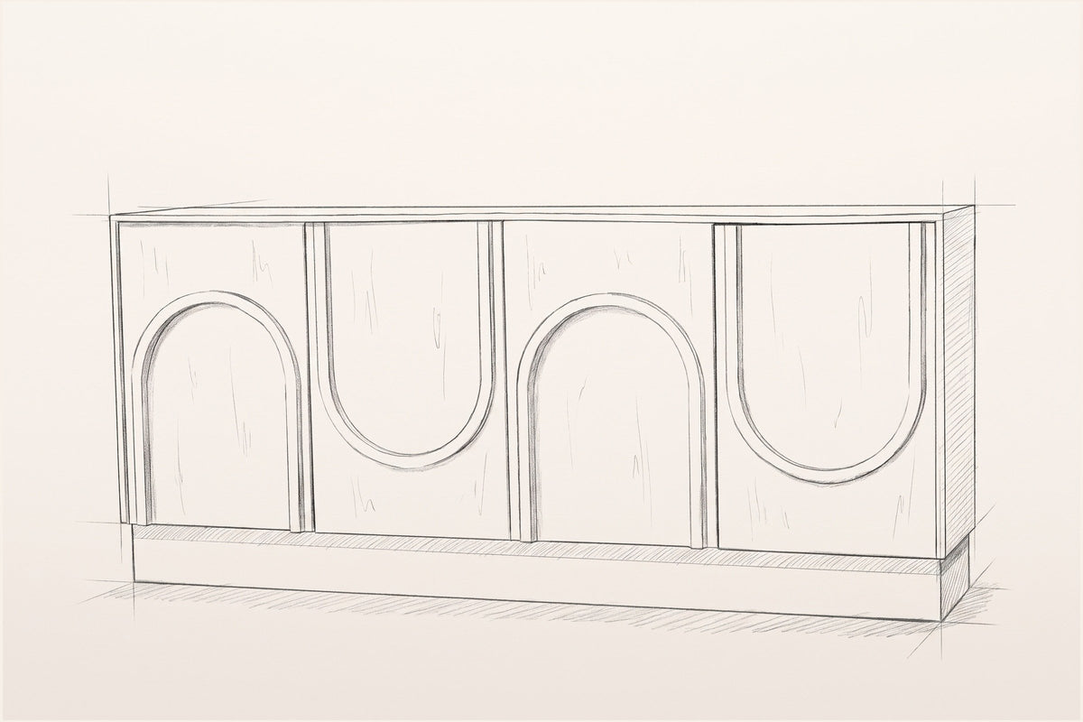 Pencil sketch of the Pragelato sideboard, three-quarter view