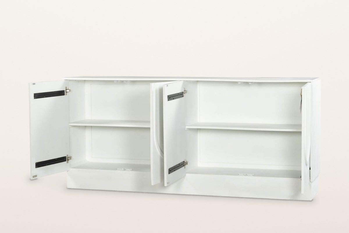 Pragelato sideboard with its four doors open: two cabinets with one shelf each, concealed hinges and a white interior