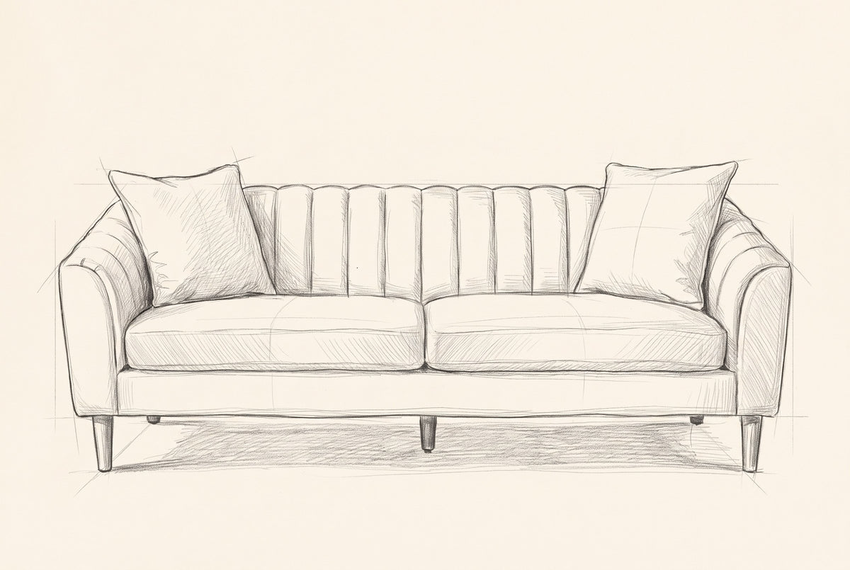 Pencil drawing of the Prato sofa traced from the front view