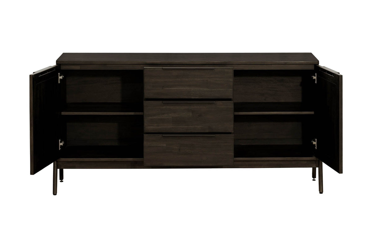 Prescott sideboard with doors open, showing adjustable shelves in both cabinets