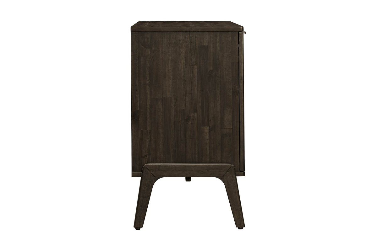 Prescott antique black sideboard, side view with angled legs