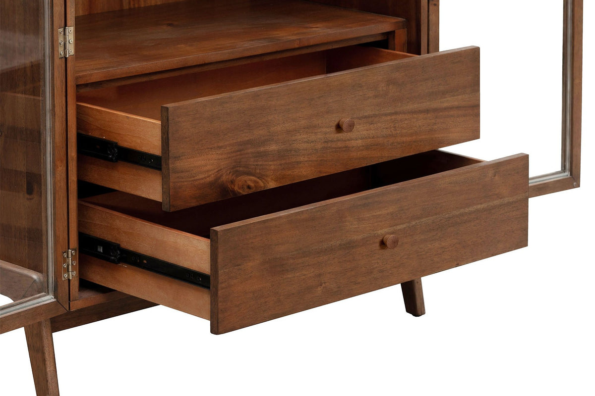Prescott brown display cabinet with both drawers open