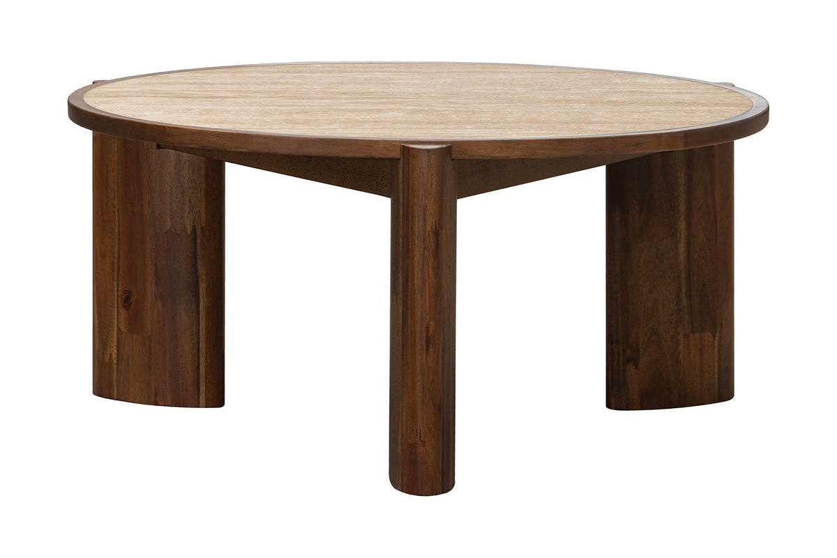 Prescott round coffee table with travertine-look ceramic top and brown acacia legs, three-quarter view