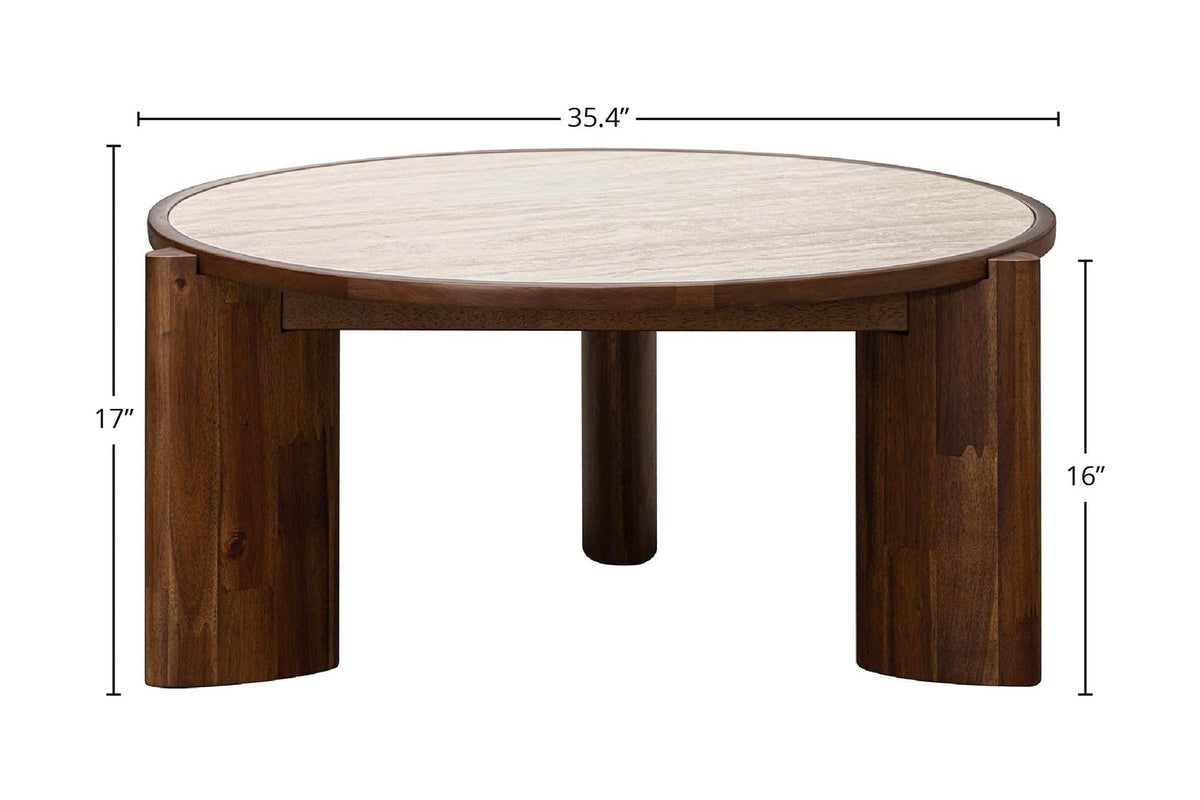 Prescott round coffee table dimensions in inches, 35.4 in across and 17 in high