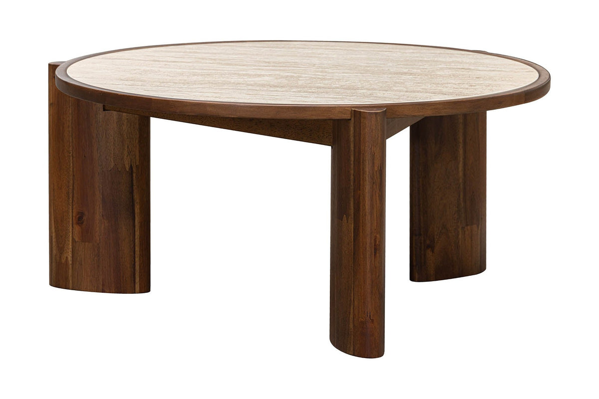 Prescott round coffee table, angled view of the three acacia legs