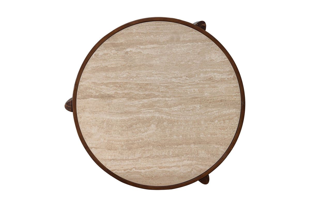 Prescott round coffee table, top view of the travertine-look ceramic surface