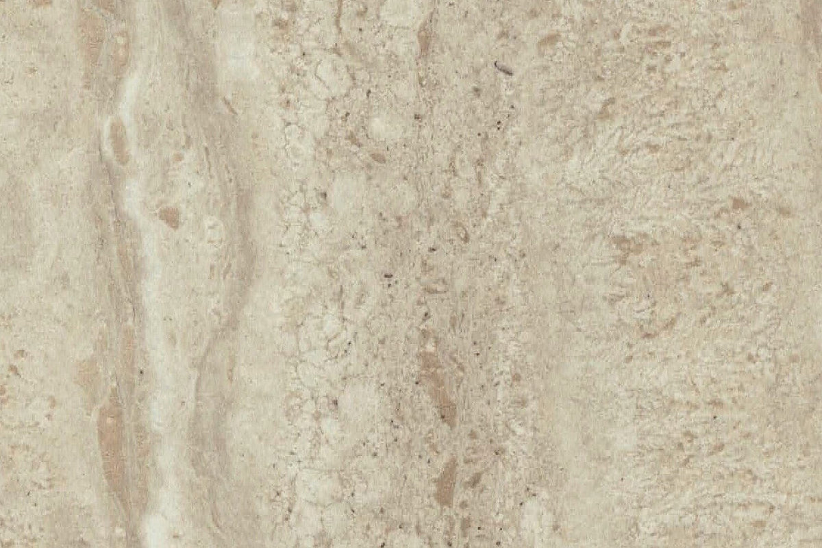 Prescott travertine-look ceramic surface close-up in warm beige