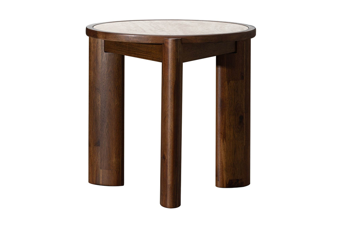 Prescott round side table, angled view of the three acacia legs