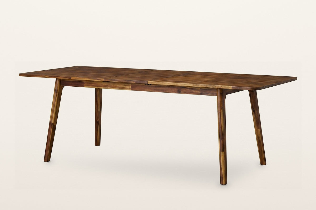 Prescott extension dining table in Brown opened to 86 in, the folding centre leaf in place between the two ends