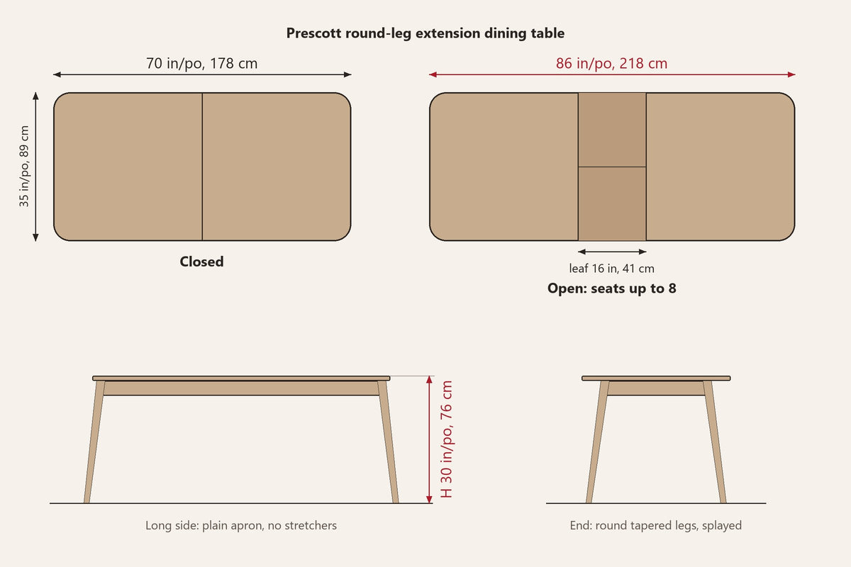 Prescott extension dining table dimensions: 70 in closed and 86 in open with the 16 in leaf, 35 in wide, 30 in high, four round tapered legs