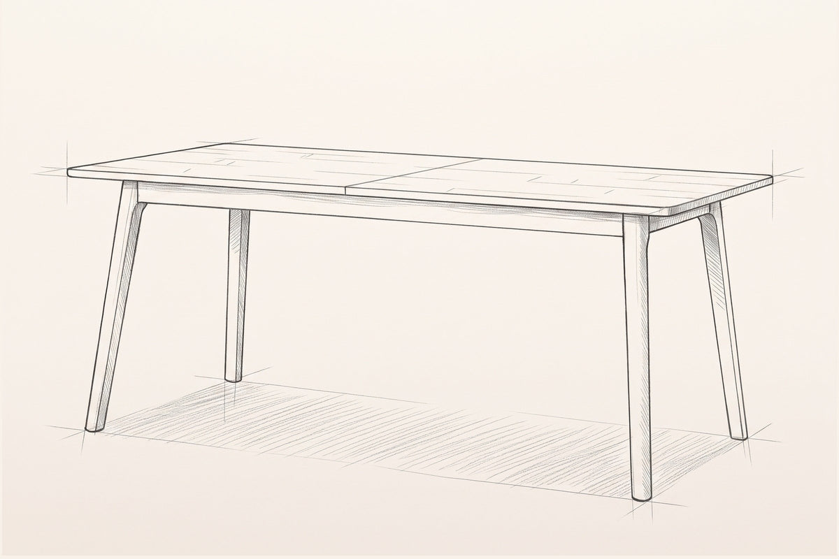 Pencil sketch of the Prescott round-leg extension dining table, three-quarter view