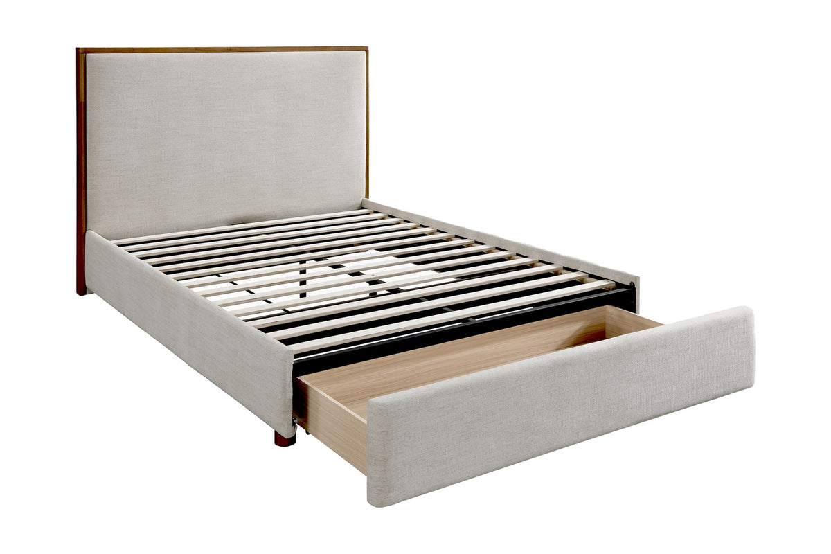 Quinn Queen platform bed in oat fabric, three-quarter view with storage drawer open
