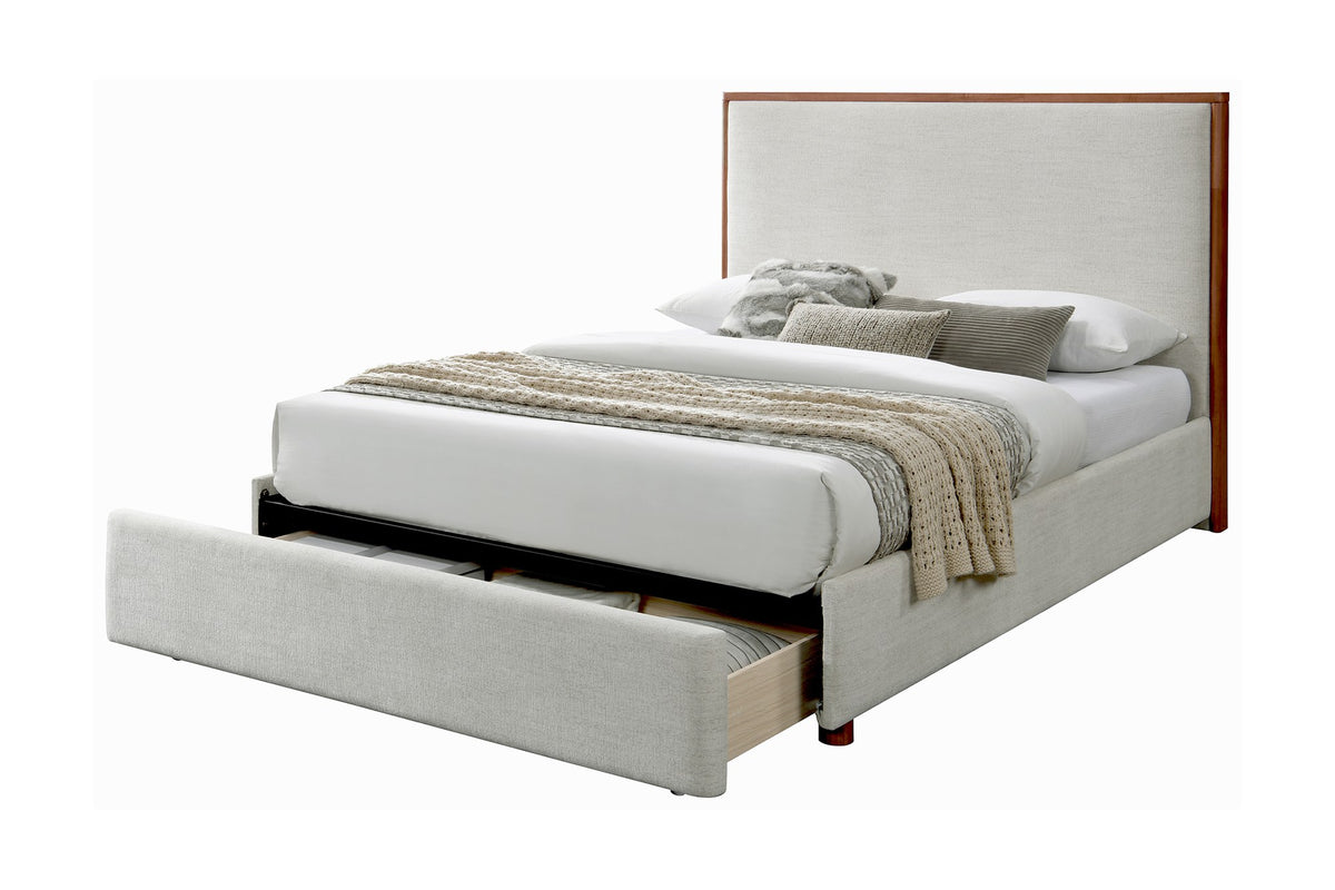 Quinn Queen platform bed in oat fabric with bedding, three-quarter view, drawer open