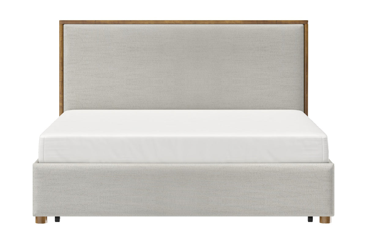 Quinn King platform bed in oat fabric, front view with mattress