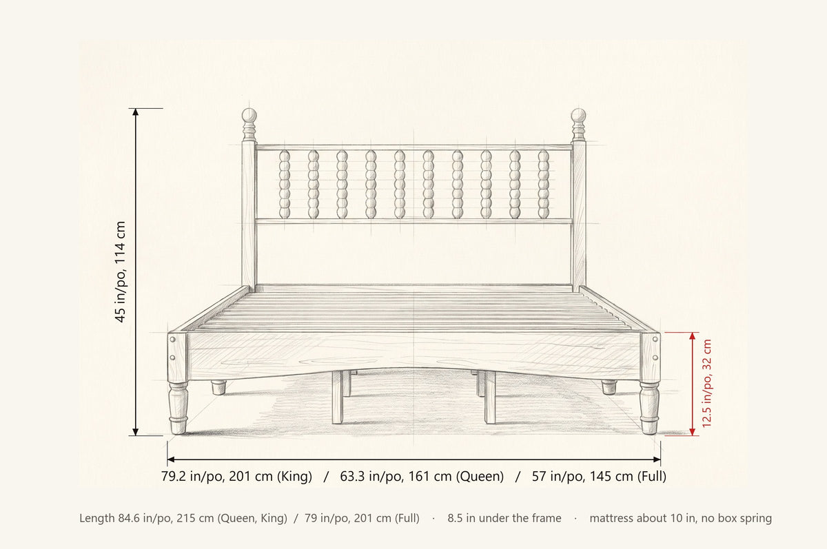 Ravenna bed dimensions: King 79.2 in wide, Queen 63.3 in, Full 57 in, 45 in high, frame 12.5 in, length 84.6 in (Full 79 in)