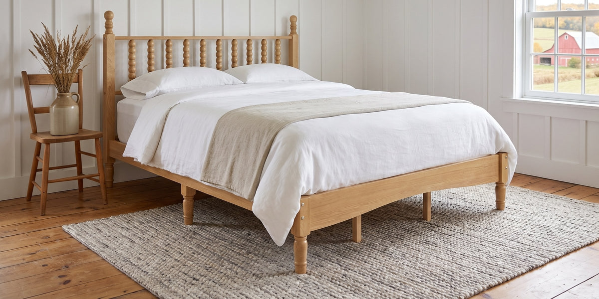 Ravenna spindle bed in a white board-and-batten farmhouse bedroom