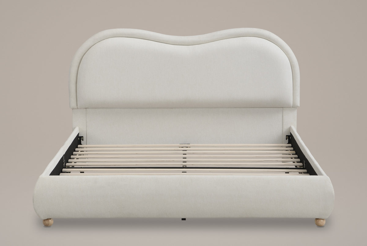 Recanati cloud bed in beige chenille, straight front view: wavy headboard with a rolled border, rounded rails