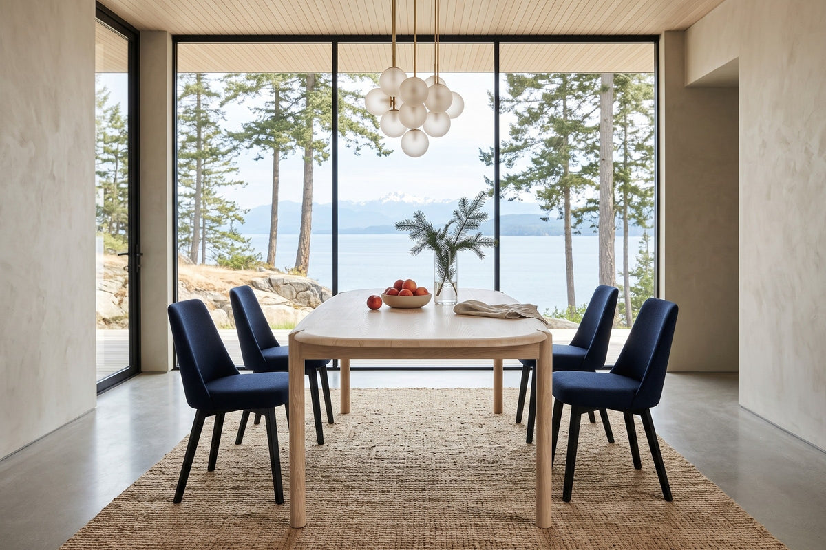 End view of the Rivello dining table in Light Oak in a Hornby Island bluff house, with greige plaster, a glass globe cluster