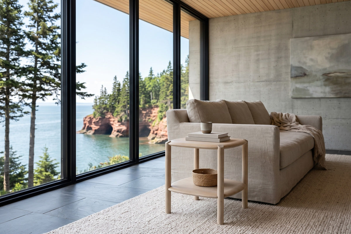 Rivello side table in Light Oak at the arm of an oatmeal linen sofa in a St. Martins house on the Bay of Fundy