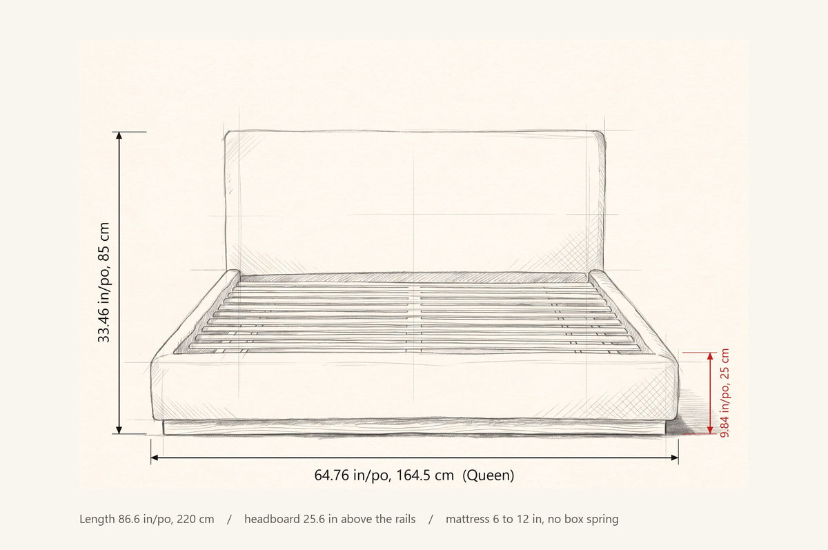 Roccascalegna bed dimensions: Queen 64.76 in wide, 33.46 in high, rails 9.84 in high, 86.6 in long