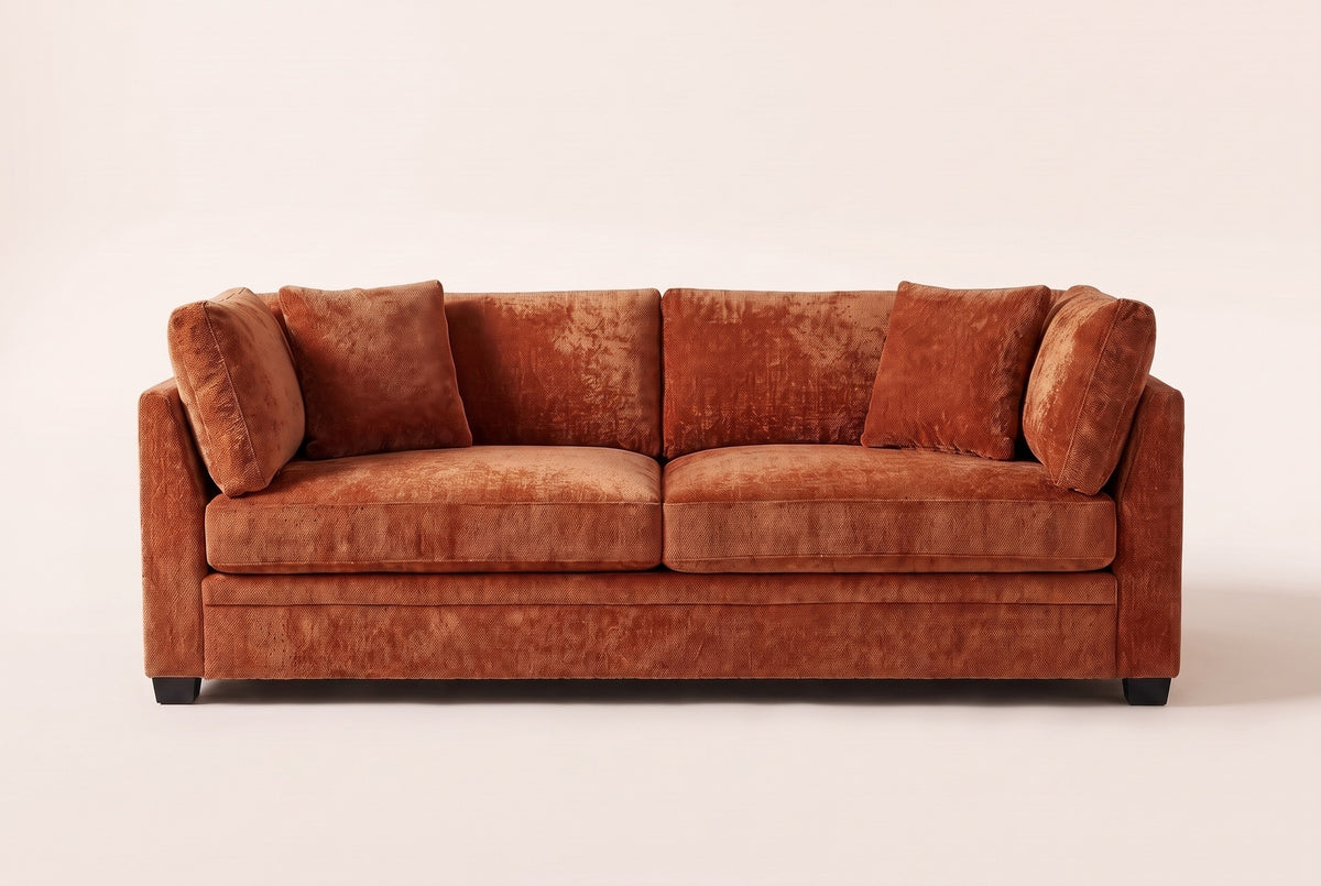 Rovigo sofa in caramel chenille, straight front view: two seat cushions, two back cushions, an arm pillow and a square pillow at each end