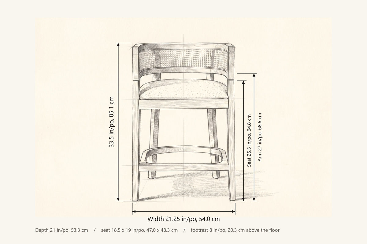 Sabaudia dimensions: 21.25 in wide, 21 in deep, 33.5 in high, seat height 25.5 in, arm height 27 in, footrest 8 in